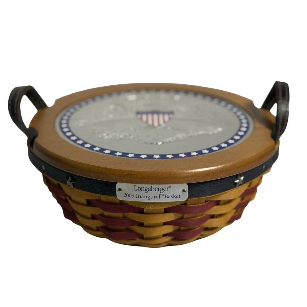 Longaberger 2005 Inaugural Basket Brown Woven Patriotic Eagle Lid Liner Tie-On